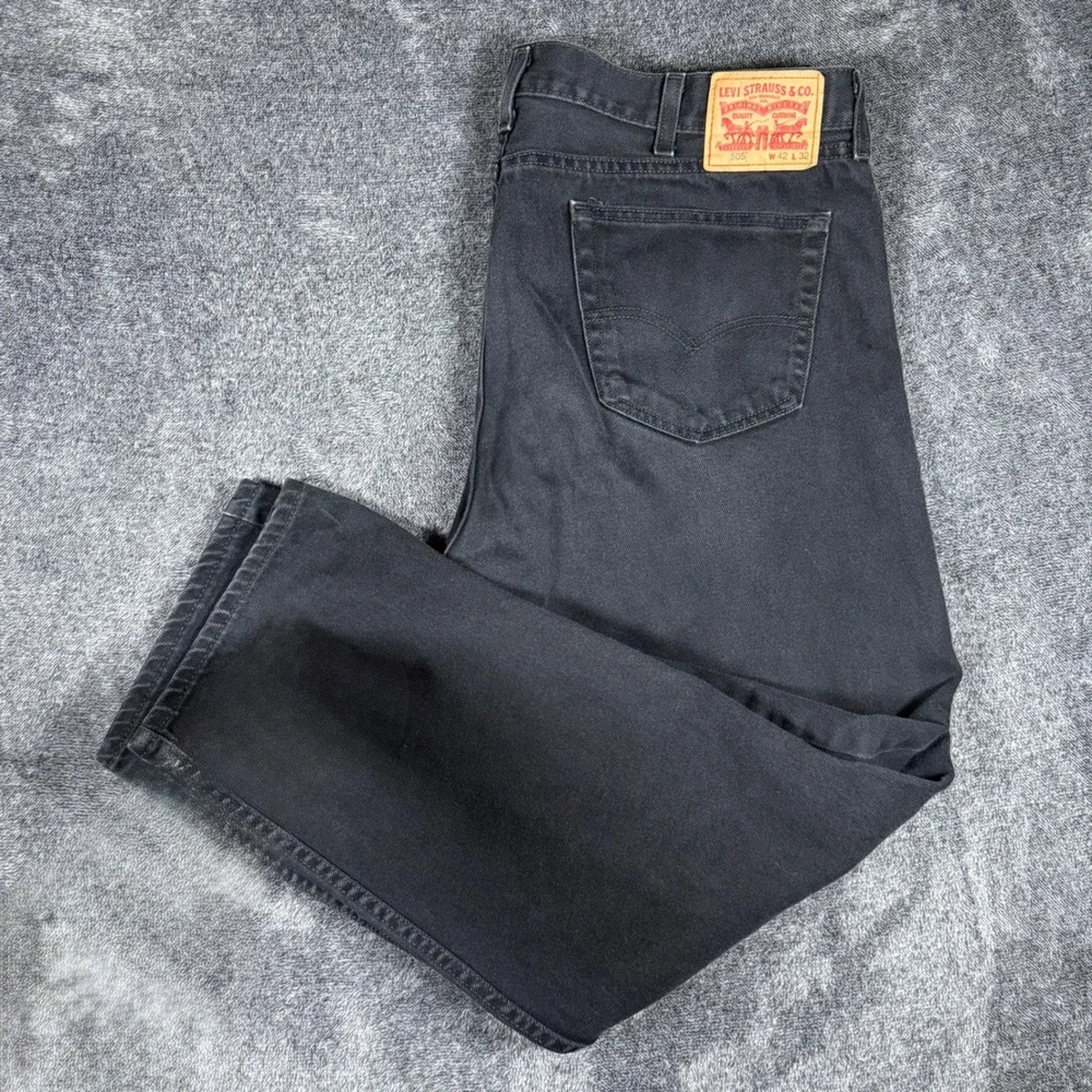 Levis 505 Regular Fit Straight Leg Black Denim Jeans Mens 42x32 100% Cotton